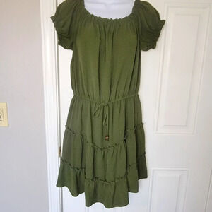 City Triangles Green Ruffle Peasant Dress Beaded Tie Waist Short Sleeve Size L